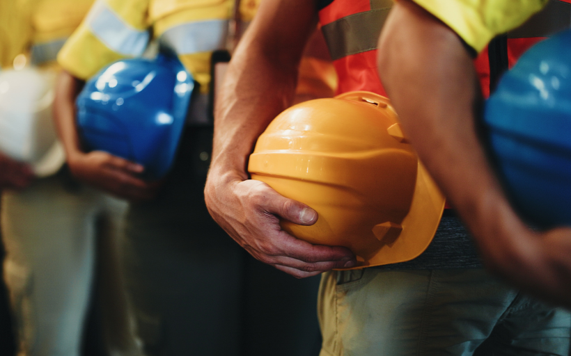 Group Line and Hands with Helmet in Warehouse for Freight Safety Regulations or Shipping Cargo